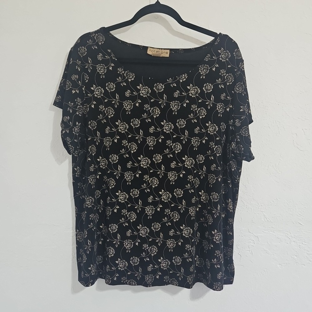 Vtg NOTATIONS Sz 2X Floral Blouse Short Sleeve Black Pullover Classic Capsule